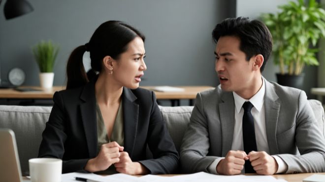 여자친구가 상사인데도 특별 대우를 해주지 않아 서로 다투고 있다.