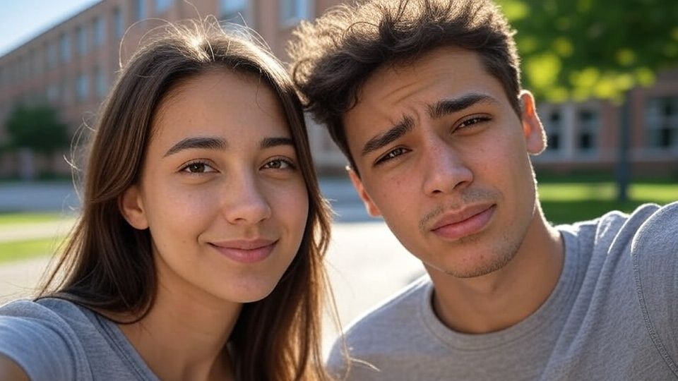 Her selfie is cute, his selfie is a disaster.